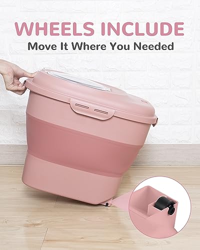 30-35Lbs Airtight Dog Food Storage Container,Collapsible Dog Food Container | Large Pet Food Storage Container with Double Airtight Seal & Magnetic Lid,Dog Food Bin with Wheels,2Pcs Containers,Scoop,Pink - color: Pink