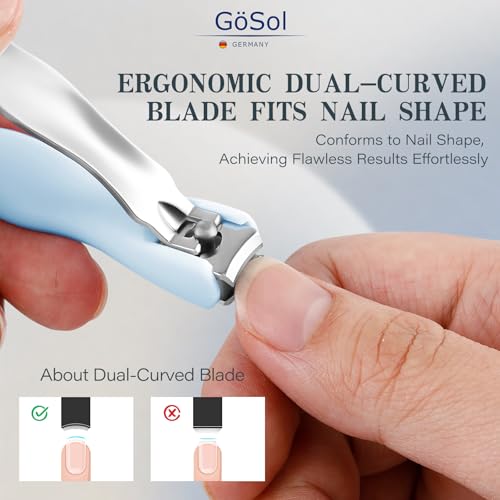 Nail Clippers Anti Splash, Sharp Curved Blades, Detachable Easy Clean Base | Premium Carbon Steel Manicure Tools with Catcher, Ergonomic Anti-Slip Soft Rubber Handle for Precise Trimming - color: Light Blue