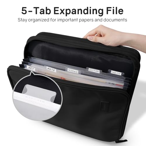 SUNEE Zippered Binder Bag with Handle, 2-Inch 3-Ring O-Ring, 500-Sheet Capacity, Includes Zip Pocket, 5-Tab Expanding File Folder, Multi-Pocket Organizer Binder for Middle School, Black - color: Black