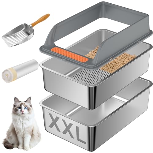 Stainless Steel Sifting Litter Box with Lid, XXL Extra Large Sifting Cat Litter Box for Pine Pellets & Big Cats,Metal Pellet Sifter Litter Pan System for Odor Control,Sifting Box Liners & Scoop - size: XXL:23.6''×15.7''×12''