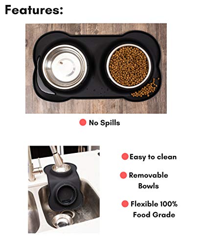 Internet's Best Bone Dog Bowl Set | Double Stainless Steel Pet Food Water Bowls | No Spill Silicone Stand | Large Medium Breeds | Black