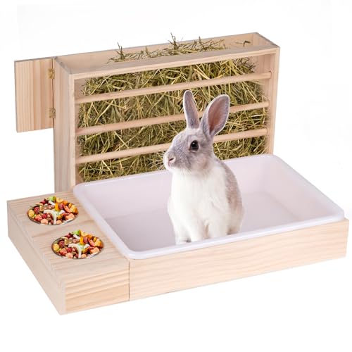 Rabbit Hay Feeder with Litter Box, Bowl Tray for Small Bunnies | Hay Holder Rack with 2 Bowls, Litter Box for Small Animal Guinea Pig Hamster Chinchilla