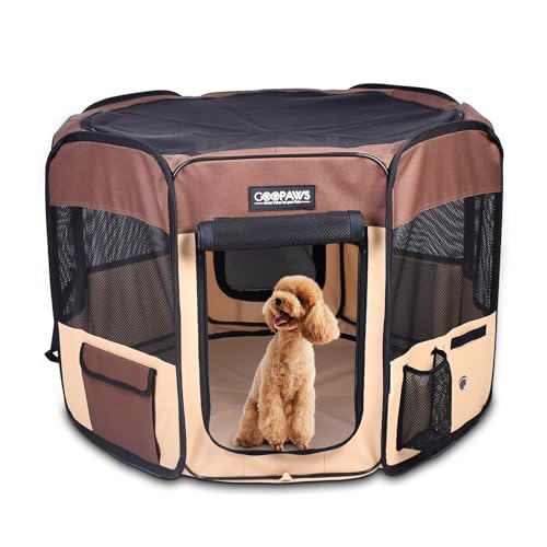 Jespet Soft Dog Playpen, Portable Pet Exercise Pen Kennel with Carry Bag | 2-Door, Easy to Fold, Ground Stakes, Zipper Locks, Large Storage Pocket, Washable Top Mesh Cover & Bottom Cover - color: Brown, style: 36x36x24 Inch (Pack of 1)