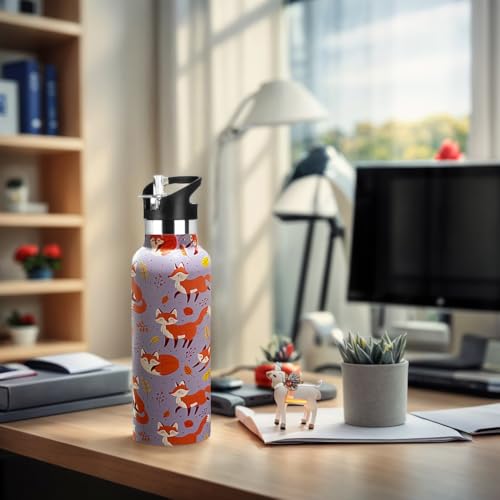 Kids Water Bottle with Straw,Fox Bottle Vacuum Insulated Stainless Steel Travel Mugs Tumbler For Sport School Outdoor 20 oz - color: Brown Fox