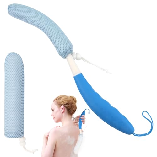 Shower Back Body Brush with Long Handle，15.35"Back Scrubber for Men & Women | Body Brush for Bath with Anti Slip Long Handle,Exfoliating Mesh Sponge Body Scrubber, Removable Curved Back Scrub Brush - size: Blue+Blue Handle