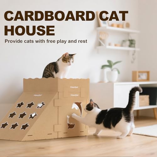 DIY Cardboard Cat House with Scratching Pad, Cat Tower Indoor Play House, Versatile Cardboard Cat Tunnel Box for One or More Pets, Indoor Use Rabbit Hideout Cave Castle Brown, 3 Parts - size: 1 Box + 1 Roof + 1 Triangular + 2 Scratchers