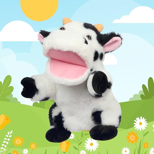 Easfan Cow Hand Puppet with Movable Mouth Plush Toy Gift for Kids 9" | Interactive storytelling, cute stuffed animal, creativity imagination, easter christmas birthday holiday gift, for toddlers - style: Cow