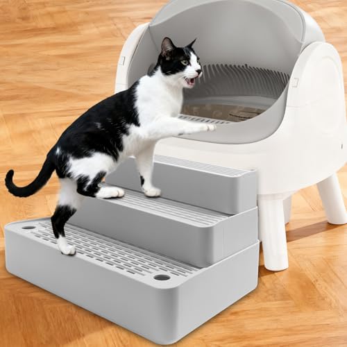 Adjustable 3 Steps Cat Litter Box Step, Litter Box Ramp/Catcher | Filter Function, Non-Slip, Easy to Clean,Cat Litter Stair, Small & Elderly Cats, Fits Automatic Litter Box Steps, Light Grey