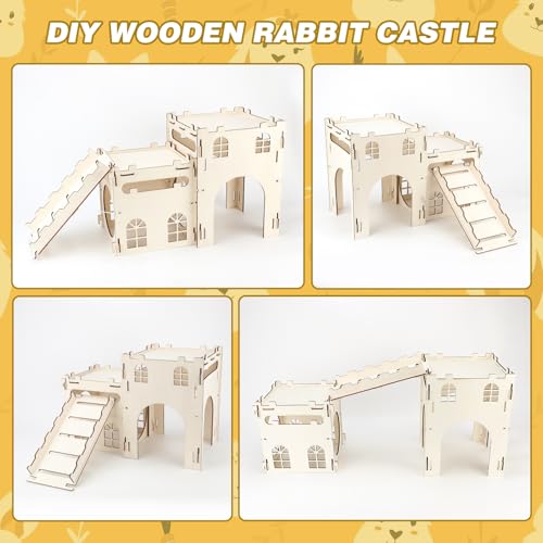 BWOGUE Wooden Bunny Castle Hideout, Extra Large Bunny House with Stairs | Bunny Houses and Hideouts, Split Balcony, Detachable Stairs, Ventilated Design, Indoor Rabbits Guinea Pigs and Chinchillas - style: 2 House and 1 Ladder
