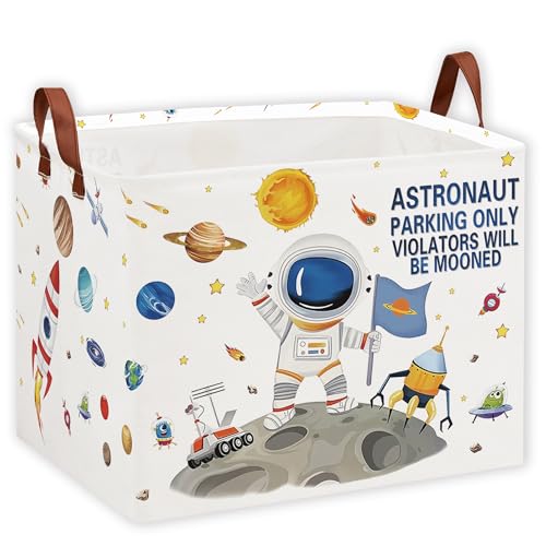 Outer Space Astronaut Nursery Basket with Inspirational Quotes ,Boy Planets Rocket Storage Bin for Baby Nursery Kids Bedroom Playroom Decor,Cute Shelf Basket Toy Box Bin (white) - color: White