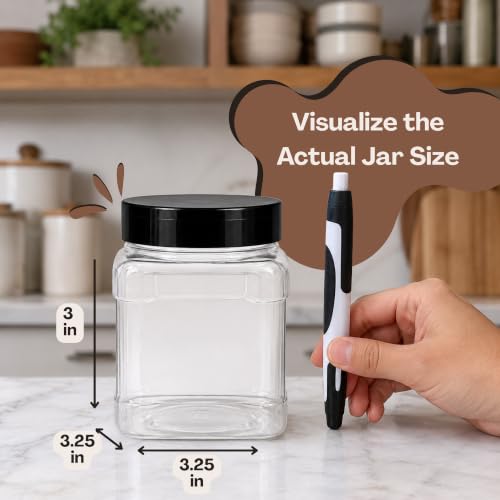 Pride Of India Clear Food Grade PET Plastic Square Grip Storage Jar w/Cap | 16 Fluid Ounces (1-2 Cup Storage Capacity) | BPA Free USA Made - size: Small Grip Jar & Cap