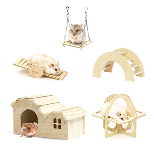 Hamster Toys 5-Piece Set,Hamster House, Swing, Climbing Ladder, Seesaw & Exercise Wheel,Pet DIY Sport Exercise Toys Set, Small Animal Habitat Accessories,Gerbils, Mice(Natural Wood A) - color: BrownH