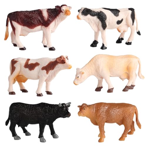 6PCS Mini Cow Figurines, Realistic Plastic Farm Animal Figures | Hard Plastic Cattle Figurines for Kids, Educational Play, Cake Toppers, Farm Displays and Party Decorations