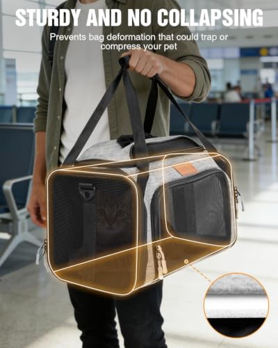 PETUX Expandable Airline-Approved Pet Carrier for Small Cats up to 10 lb | Top-Side Expandable, TSA‑Friendly, Underseat, Soft Travel Bag with Breathable Mesh and Safety Buckle, 17 x 11 x 9.5 in, Grey