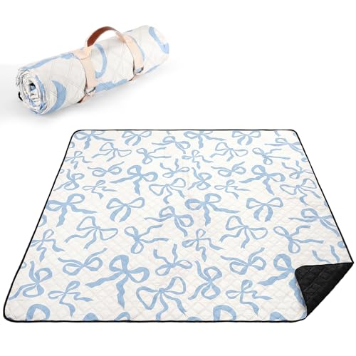 SmoothNovelty Blue Bow Picnic Blanket 80'' x 80'' Waterproof Extra Large Camping Blanket Coquette Picnic Mat Foldable Portable Preppy Outdoor Beach Mat with Carry Strap for Outdoor Grass Lawn Park - color: Blue