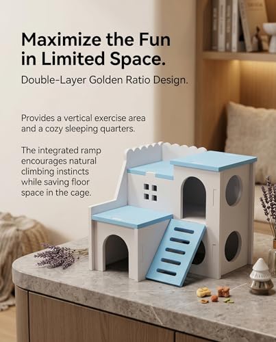 Blue Wooden Hamster Maze & Double-Decker Hut with Fun Slide - for Dwarf Hamsters, Mice, Gerbils, All Small Pets - color: BLUE