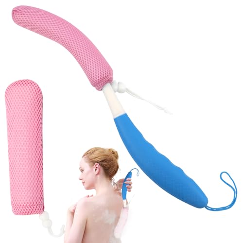 Back Bath Brush with Sponge, 15.35"Back Scrubber with Anti-Slip Long Handle | Back Scrubber for Shower, Curved Long Handle Bath Body Brush for Elderly Aid Bathing and Shower, Exfoliating Body Scrubber - size: Pink+Blue Handle