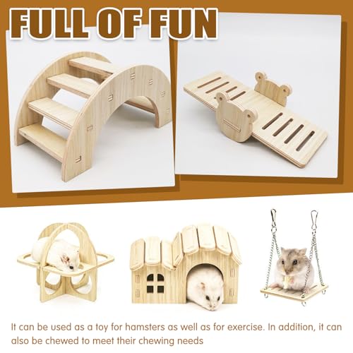 Hamster Toys 5-Piece Set,Hamster House, Swing, Climbing Ladder, Seesaw & Exercise Wheel,Pet DIY Sport Exercise Toys Set, Small Animal Habitat Accessories,Gerbils, Mice(Natural Wood A) - color: BrownH