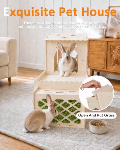 Wooden Bunny Castle, 2-Story Rabbit House and Rabbit Hideout | with Slide, 5-Room Bunny House Indoor for Guinea Pigs, Chinchillas and Small Animals