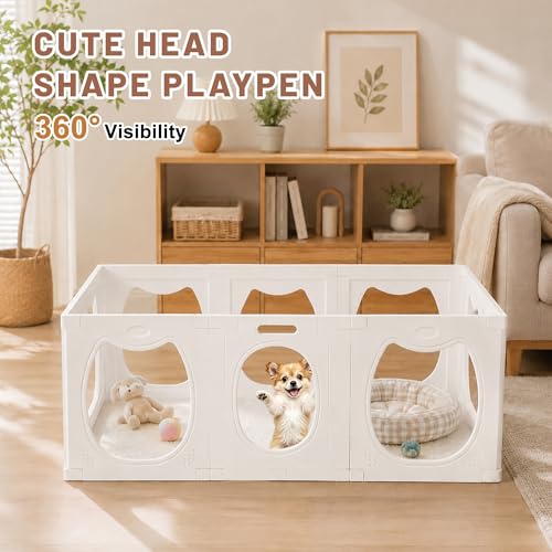 Dog Playpen with Storage Basket, 8 PCS 23.6" H Puppy Playpen | Foldable Cat Playpen Indoors with Door Gate, for Small & Medium Pet, Rabbit, Duck, Chick