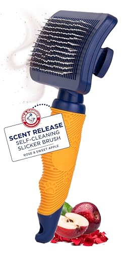Arm & Hammer Deodorizing Slicker Dog Brush, Sweet Apple & Rose Scent | Fragrance transfer technology, baking soda infused, self-cleaning button, removes loose fur and tangles - size: 1-Pack, style: Slicker Brush - Sweet Apple & Rose