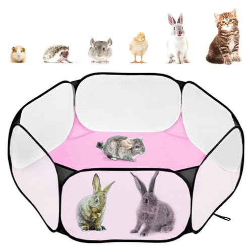 Pawaboo Small Animals Playpen, Waterproof Small Pet Cage Tent with Strong Steel Wire Frame, Portable Outdoor Yard Fence for Chick/Kitten/Puppy/Guinea Pig/Rabbits/Hamster/Chinchillas, Black+Pink - color: Black+Pink