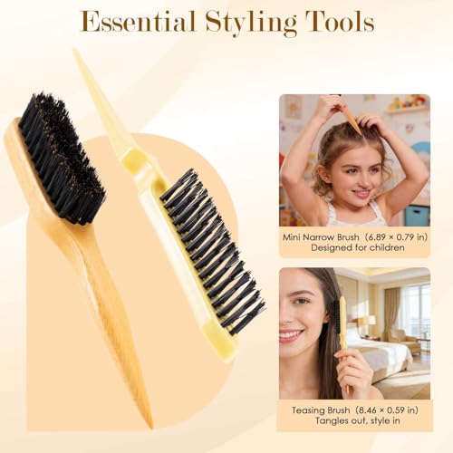 STYLEMATE 5PCS Slick Back Hair Brush Set, Soft Natural Boar Bristle Hair Brush for Thin & Fine Hair, Rat Tail Comb Edge Teasing Brushes Styling Tool Kit Accessories for Women Kid - size: 1 Count (Pack of 5)