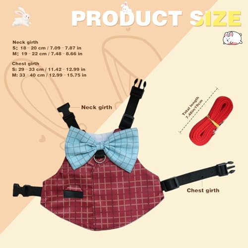 Rabbit Harness and Leash Set Escape Proof Plaid Bunny Vest with Bow Tie Breathable Mesh Harness Dual D Rings Adjustable Leash for Rabbit Guinea Pig Ferret Walking Training (Red, M) - color: Red, size: M