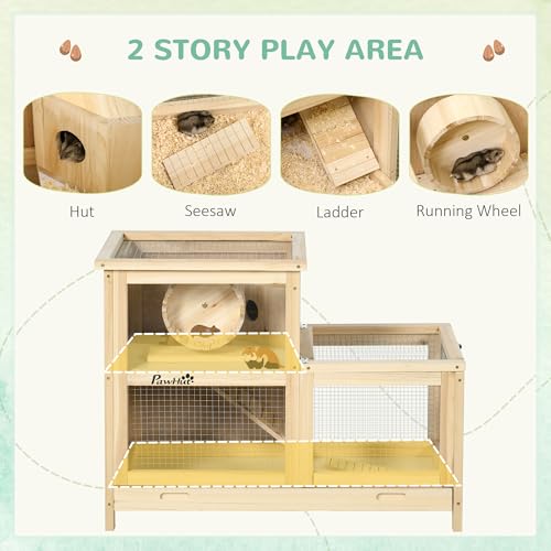 PawHut Extra Large Wooden Hamster Cage with Sliding Tray, Large Rat Mouse House, Small Animal Habitats with Openable Roofs, Wide Ramp for Racing, Running Wheel, Natural | Small Animal Habitats, Openable Roofs, Wide Ramp for Racing, Running Wheel