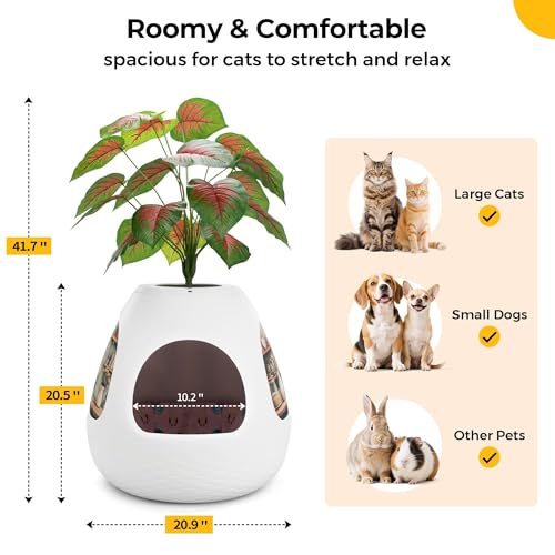 COZIWOW Eggloa6 Plant Litter Box, Hidden Cat Litter Box Enclosure, Odor Removal System, Replaceable Scratching Board, Scoop, Cat House with Cushion ＆ Heating Pad, Artificial Plants (White) - color: Light White