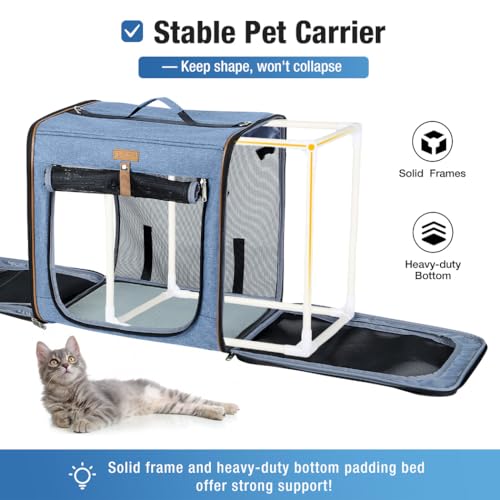 Lekereise Large Cat Carrier for 2 Cats, 2-in-1 Cat Travel Carrier with Litter Box, (17.7" x2) x16.5"x13" Pet Carrier with Zipper Locks for Moving Across The Country (No Hammock) - Blue - color: Blue