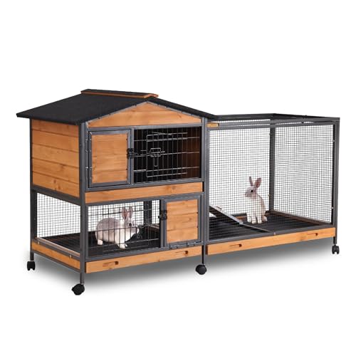 Aivituvin Rabbit Hutch Indoor 2 Story Bunny Cage Outdoor Guinea Pig Cage with Caster Wheels Chicken Coop with Run, 3 Pull Out Tray (Black&Wood) - color: Black&Wood