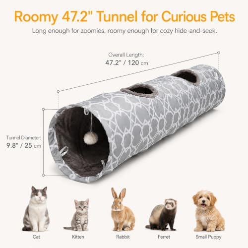 Geometric Straight Cat Tunnel with Plush Inside,Cats Toys Collapsible Tunnel Tube with Balls, for Rabbits, Kittens, Ferrets,Puppy, Diameter 9.8 Inch - size: Large Straight Tunnel