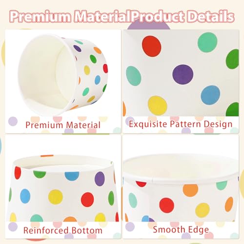120Pcs 12oz Rainbow Ice Cream Cups for Hot or Cold Food | Rainbow Polka Dots Dessert Bowls Disposable Large Snack Cups for Frozen Treat Sundae Soup Birthday Holiday Party Supplies - style: Colorful Dessert Cup