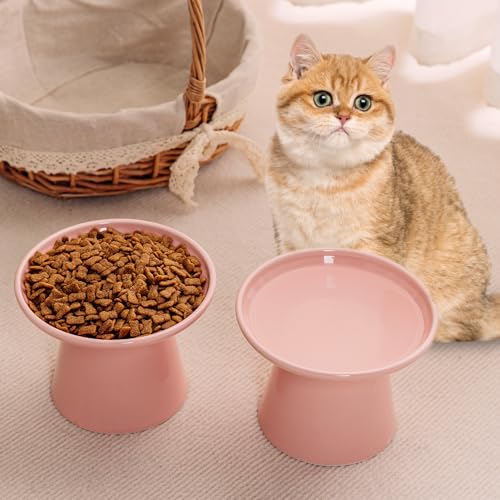 Ceramic Elevated Cat Bowls - 6.2 Inch Extra Wide Raised Cat Food and Water Bowl Set for Indoor Cats, Whisker-Friendly Ceramic Cat Dish for Elder Big Cats & Small Dogs,Pink,2 Pack - color: Pink, size: 2 Pack