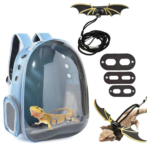 kathson Bearded Dragon Carrier with Harness and Leash Set, Large Reptile Travel Carrier Portable Lizard Backpack Clear Small Animals Carrying Bag for Gecko Hamster Rabbit Hedgehog Kitten (Blue) - color: Blue