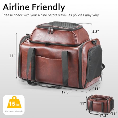 Premium Leather Top Expandable Pet Carrier for Small Dogs & Cats Under 15 lbs, Airline Approved Collapsible Soft-Sided Luxury Travel Bag Coffee - color: Coffee