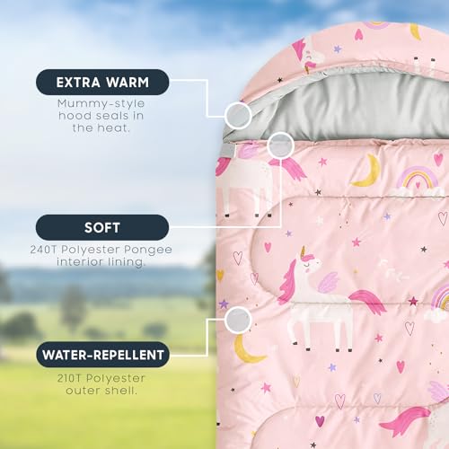 Wake In Cloud - Kids Sleeping Bag for Girls Toddlers, Camping in Warm Cold Weather, Backpacking Lightweight Compact Outdoor Liner for 3 Seasons, Celestial Unicorns