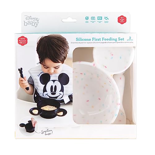 Bumkins Disney Mickey Mouse Bowl, Silicone First Feeding Set with Suction, Includes Spoon, Training Essentials for Baby-Led Weaning, Toddler Self-Feeding, Babies Eating at 4 Mos Up, Vanilla - color: D2 Mickey Mouse-Vnl, style: Disney