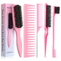 5 Pcs Pink Slick Back Hair Brush Set, Boar Bristle Hair Brush with Wide Tooth Comb, Edge Brush, Teasing Brush, Rat Tail Comb for Women Men - color: Pink