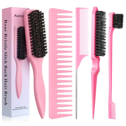 5 Pcs Pink Slick Back Hair Brush Set, Boar Bristle Hair Brush with Wide Tooth Comb, Edge Brush, Teasing Brush, Rat Tail Comb for Women Men - color: Pink