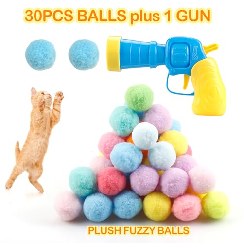 MeoHui 31Pcs Cat Ball Toy Launcher Gun,Cat Balls Fetch Toy,30Pcs Plush Fuzzy Balls Launcher Cat Toy for Cats with 1 Gun,Funny Interactive Cat Toys for Bored Indoor Adult Cats,Cute Kitten Kitty Toys