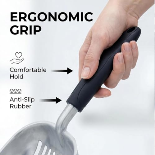 Full Metal Cat Litter Scoop with Holder, Stainless Steel Cat Litter Scooper Holder, Stainless-Steel Kitty Scoop Captures All Clumps, Heavy Duty Kitty Metal Scooper with Non-Slip Handle - color: Gray