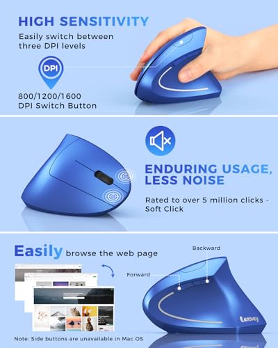 Lekvey Ergonomic Mouse, Rechargeable 2.4G USB Vertical Wireless Mouse, Blue | USB-C Charging, Wireless Plug & Play, 800/1200/1600 DPI, Quiet Clicks, 6 Buttons, Reduce Wrist Fatigue, for Laptop, Mac, PC - color: Blue