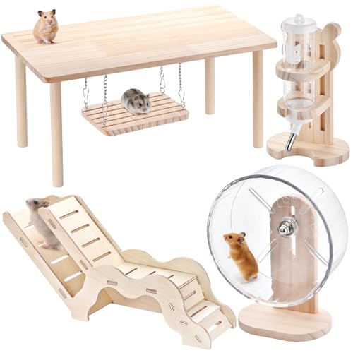 4-piece Hamster Toy Set with Wooden Hamster cage Accessories Platform Table Swing Climbing Ladder Running Wheel Water Bottle Suitable for Small Pets Such as Golden Bear Dwarf Hamster Sand Rat Rat etc