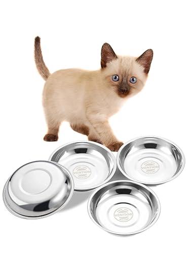 VENTION Stainless Steel Shallow Cat Food Bowl 5 Inch, Mini Whisker Fatigue Cat Food Dish 7.4 Fl.oz, Replacement Basic Kitten Bowls Bulk for Elevated Stand, Dishwasher Safe (Set of 4) - size: 5 Inch-Outer Dia.