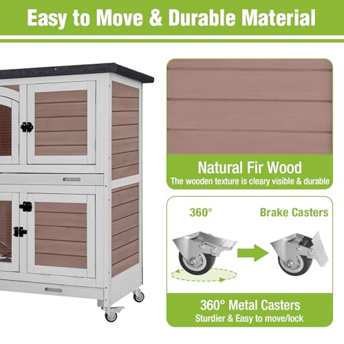 Rabbit Hutch Indoor & Outdoor, Mobile Bunny Hutch with Wheels, Wooden Rabbit Cage with 2 Pull Out Trays and Ramp, Two-Story Design Guinea Pig Cages
