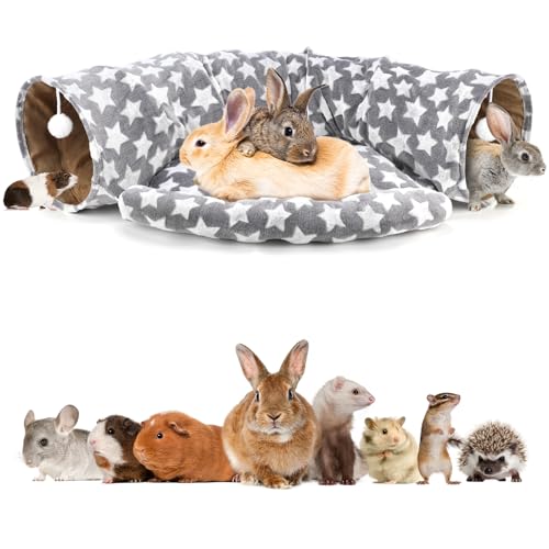 BWOGUE Bunny Tunnel Bed, 2-in-1 Collapsible Rabbit Tunnel Hideout with Mat | Removable Mat for Washing, Ball Toy for Play, Tunnel Tubes for Hiding, Gray Star Soft Suede Fabric, Cats Rabbits Guinea Pigs - color: Greystar