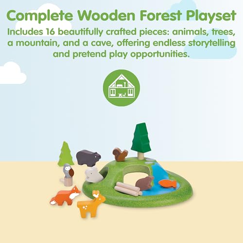 PlanToys® Wooden Animal Toy Set for Toddlers, 16 Pcs Montessori Forest Set | 16 pcs forest playset, trees cave mountain, wooden animal toy set, montessori open-ended nature play, preschool educational k - color: Animal Set