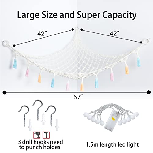 Stuffed Animal Net or Hammock with Light,Yewiwin Macrame Hanging Net Hammock for Stuffed Animal Toy Storage Organizer Boho Decor Room Holder for Nursery Play Room Bedroom (Beige) - color: Beige(42"*42"*57")